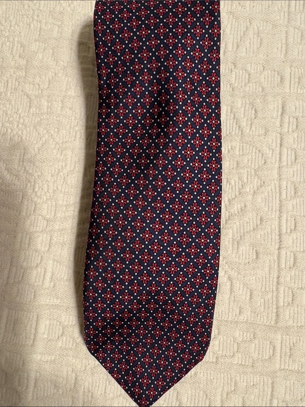 Dior Silk Tie in Navy with Red and Light Blue Medallion Pattern